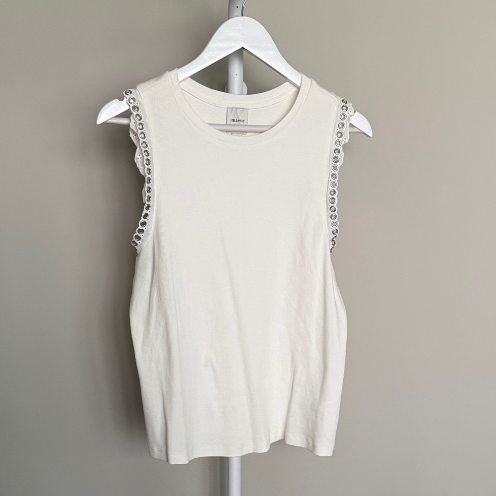 Maeve by Anthropologie Ivory Tank Top with Lace and Eyelet Trim